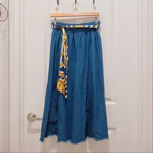 Denim maxi skirt with silk belt